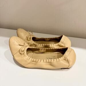 Chanel Leather Slip On Ballet Flats Shoes with CC Logo Beige Women's Size EU 39